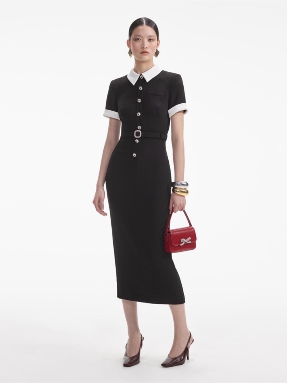 Black Self Portrait Short-Sleeve Collared Crepe Midi Dress with Contrast Trim